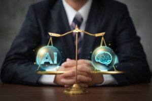 un professionnel du droit qui hésite entre l'intelligence artificielle et le cerveau humain