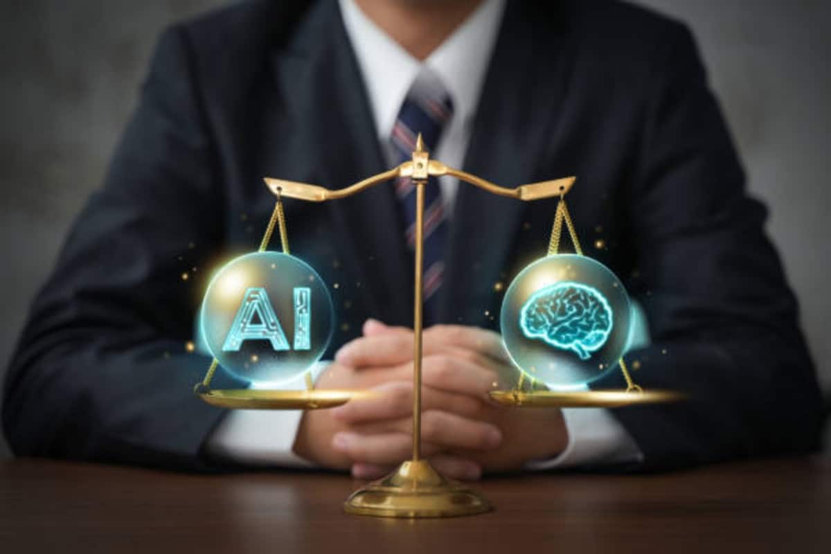 un professionnel du droit qui hésite entre l'intelligence artificielle et le cerveau humain